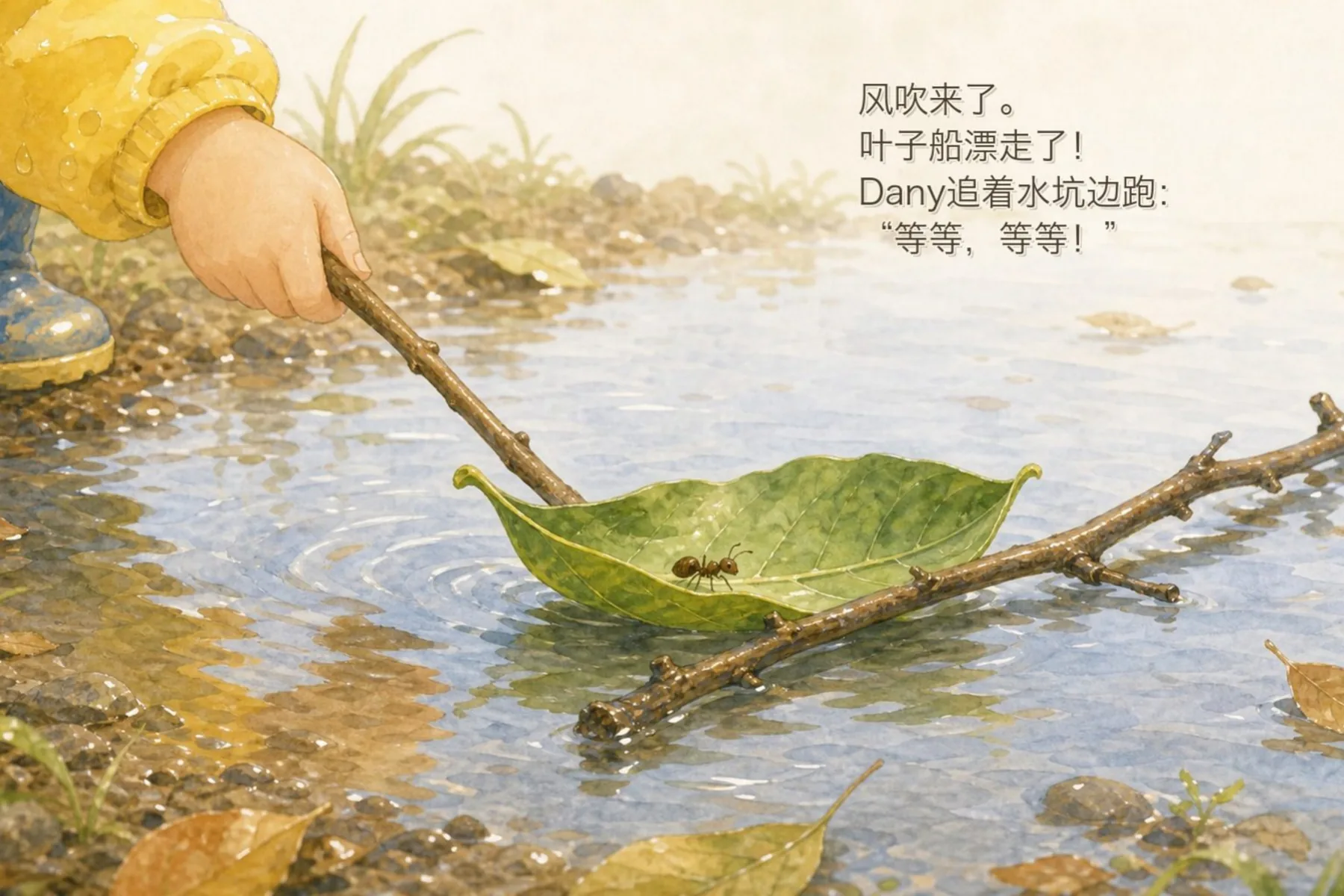 叶子船绕过水坑里的石头